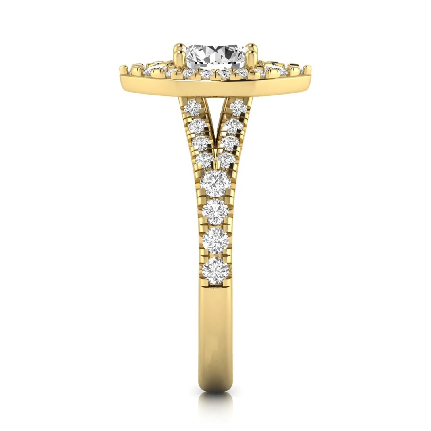 Round cut lab grown diamond engagement ring with a pear-shaped halo, split shank pavé band, and yellow gold style.