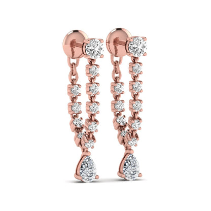 Round and pear cut prong set lab grown diamond drop earrings featuring a linear articulated design in a rose gold finish with push back closure.