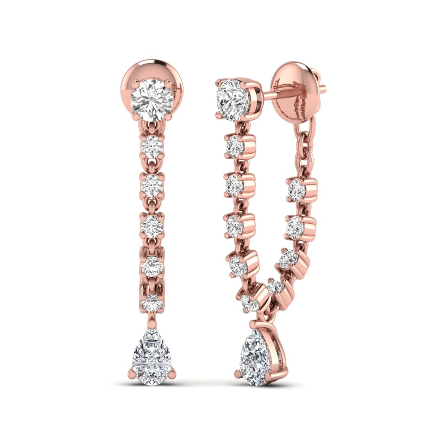 Round and pear cut prong set lab grown diamond drop earrings featuring a linear articulated design in a rose gold finish with push back closure.