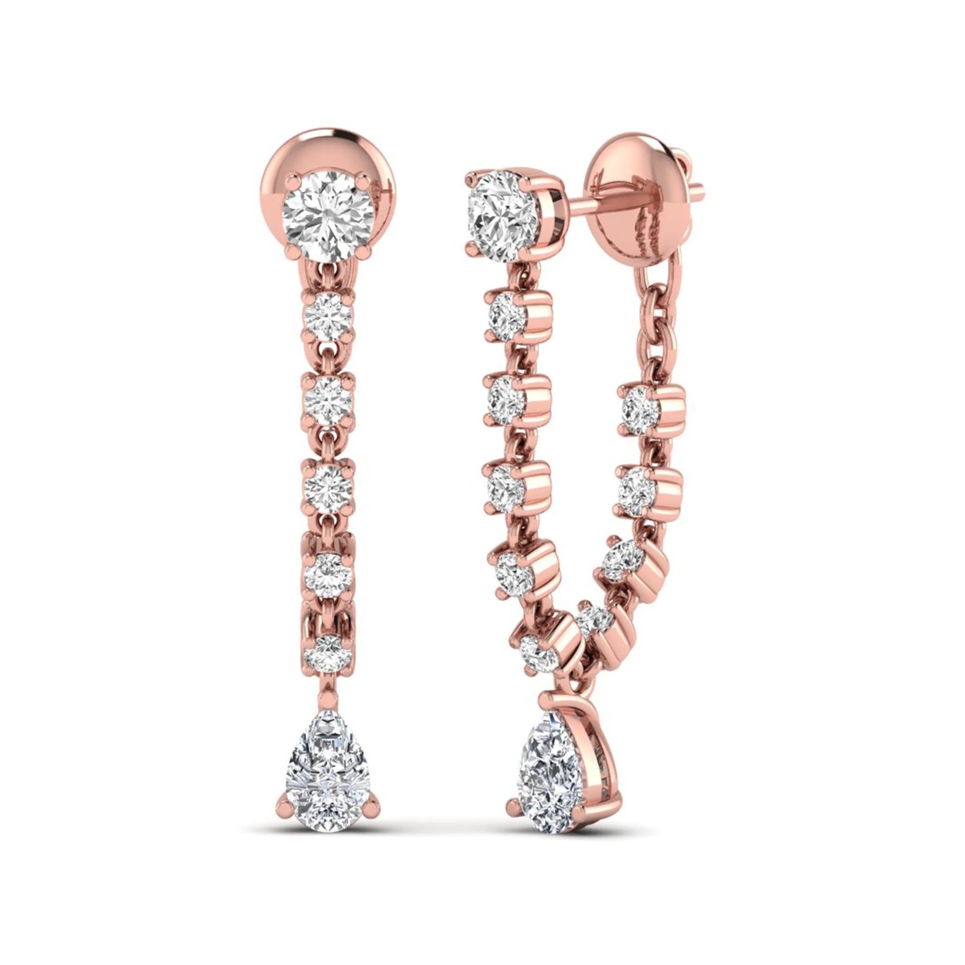 Round and pear cut prong set lab grown diamond drop earrings featuring a linear articulated design in a rose gold finish with push back closure.