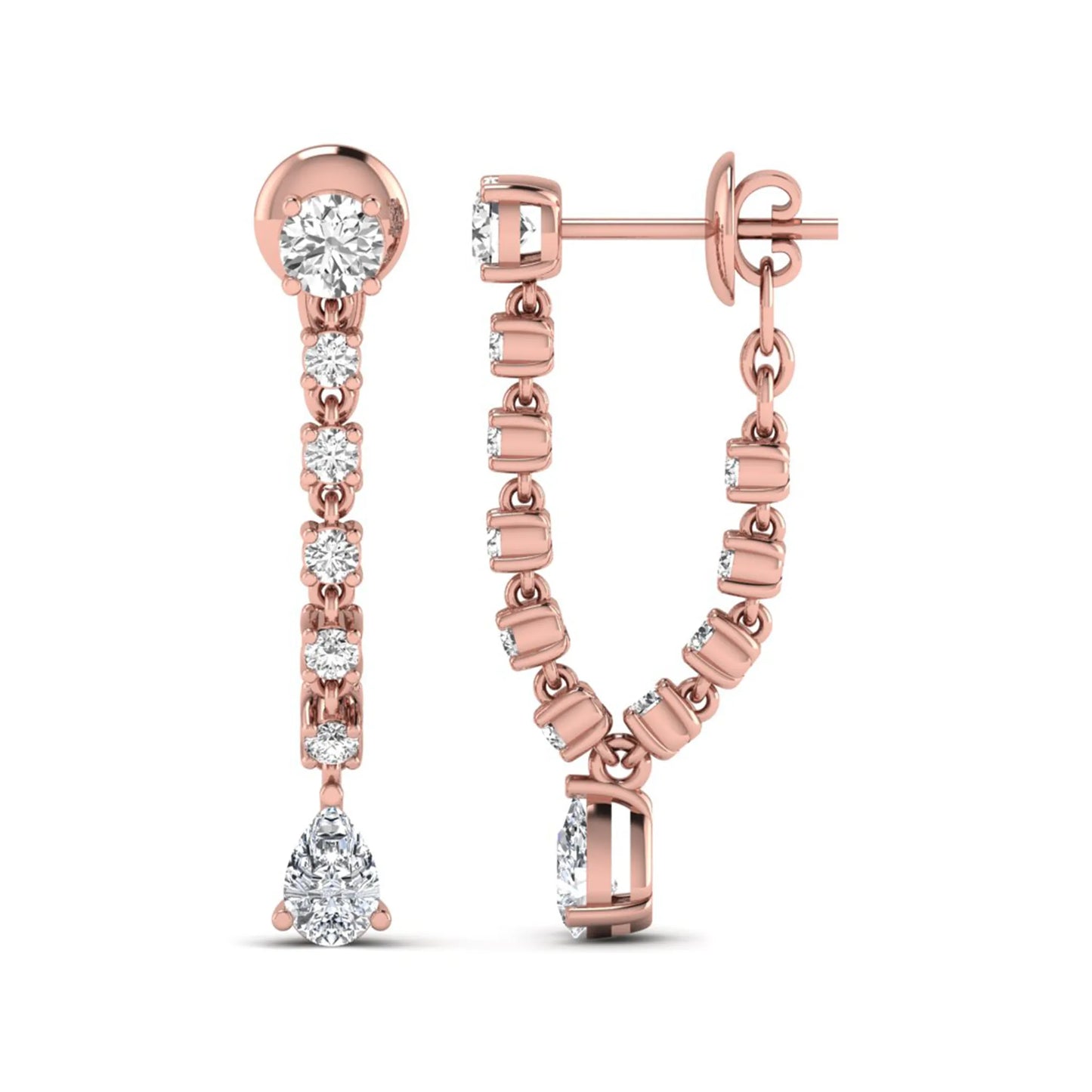 Round and pear cut prong set lab grown diamond drop earrings featuring a linear articulated design in a rose gold finish with push back closure.