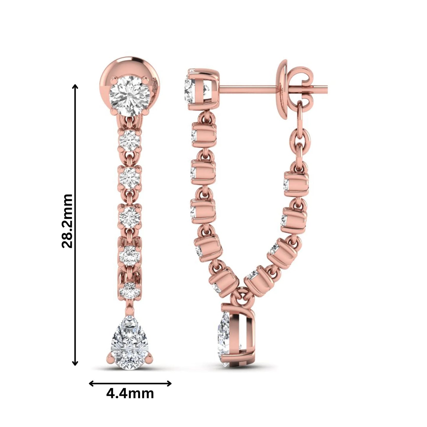 Round and pear cut prong set lab grown diamond drop earrings featuring a linear articulated design in a rose gold finish with push back closure.