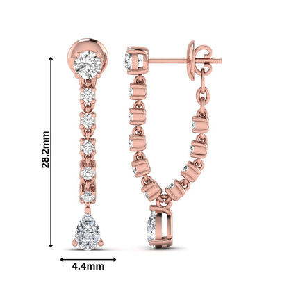Round and pear cut prong set lab grown diamond drop earrings featuring a linear articulated design in a rose gold finish with push back closure.