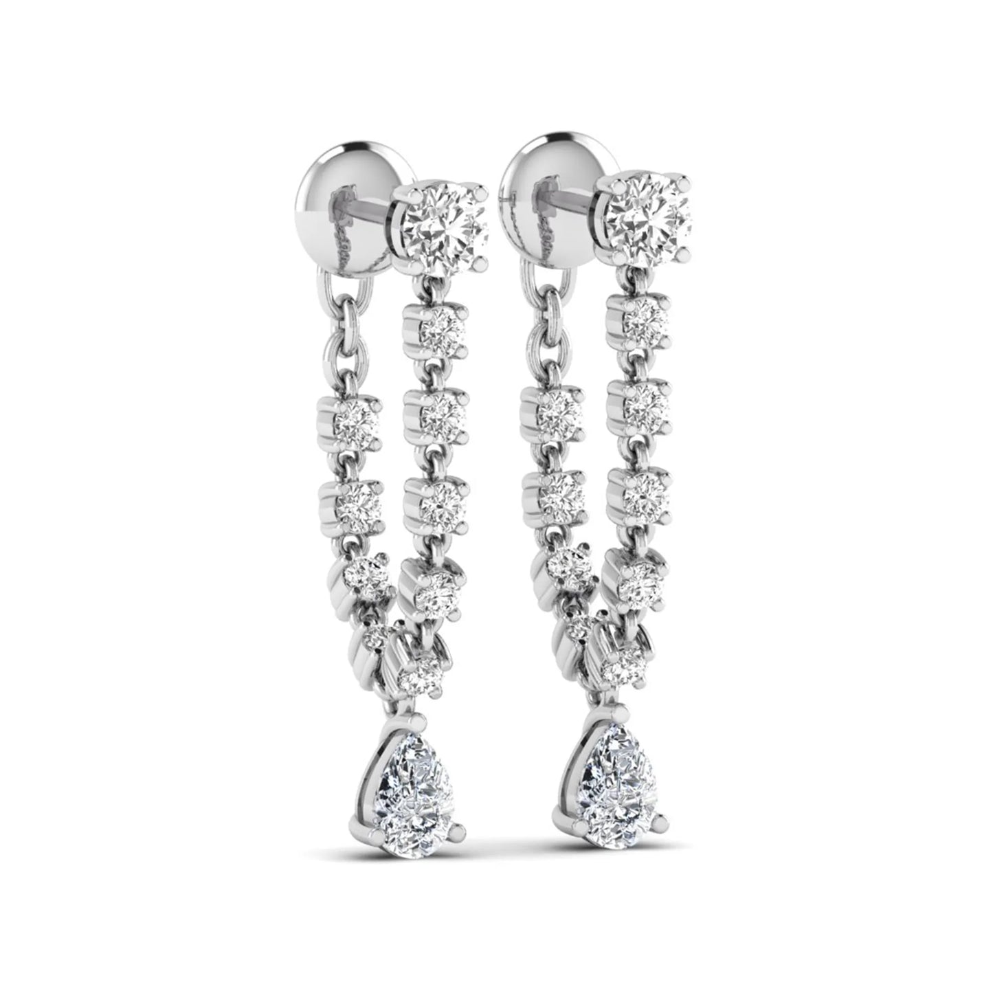 Round and pear cut prong set lab grown diamond drop earrings featuring a linear articulated design in a white gold finish with push back closure.