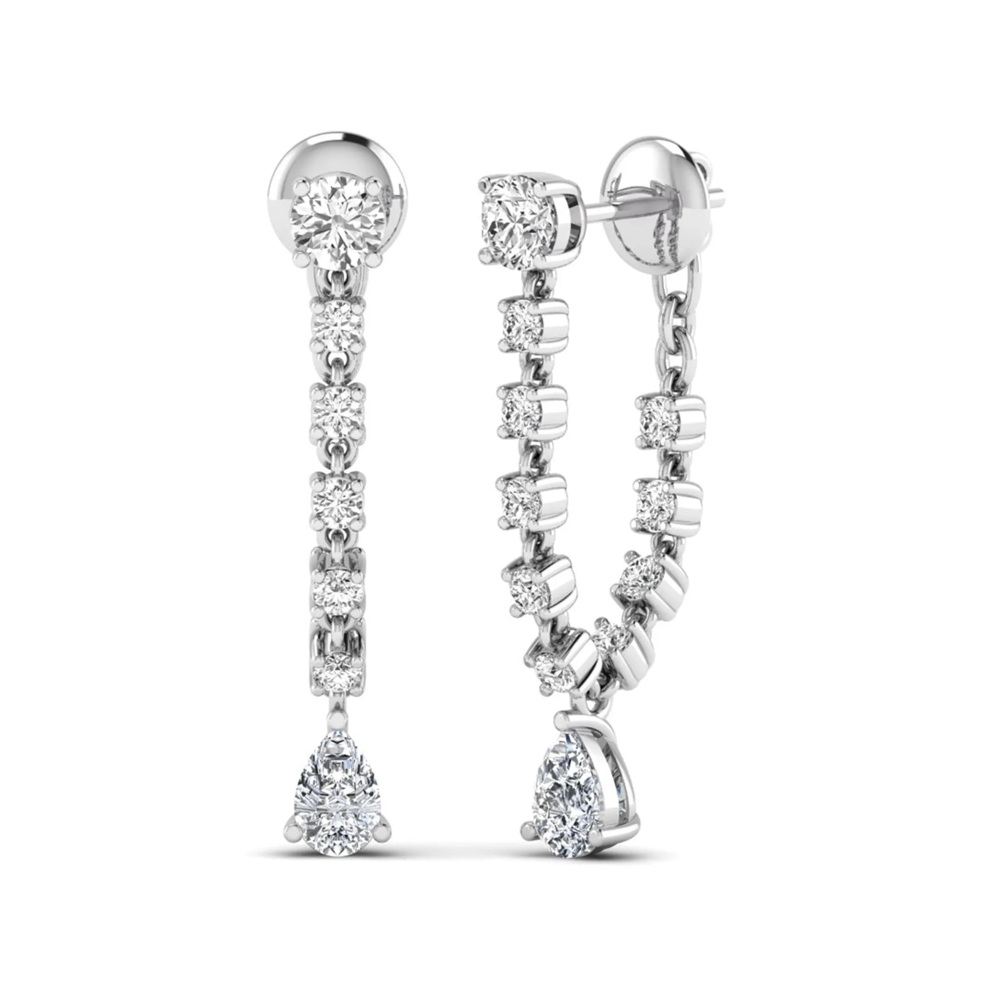 Round and pear cut prong set lab grown diamond drop earrings featuring a linear articulated design in a white gold finish with push back closure.