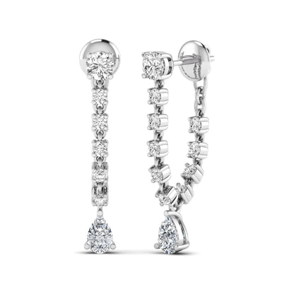 Round and pear cut prong set lab grown diamond drop earrings featuring a linear articulated design in a white gold finish with push back closure.