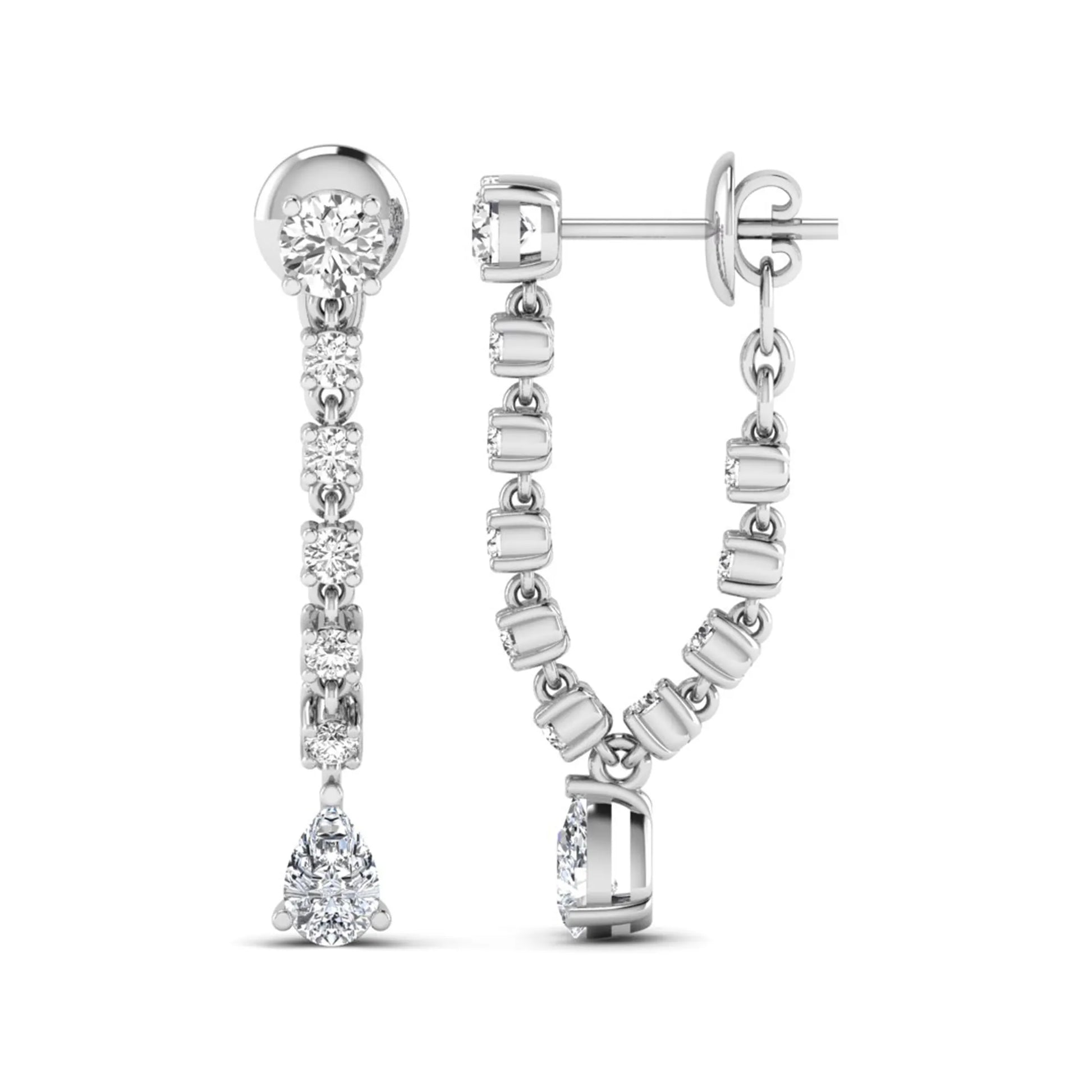 Round and pear cut prong set lab grown diamond drop earrings featuring a linear articulated design in a white gold finish with push back closure.