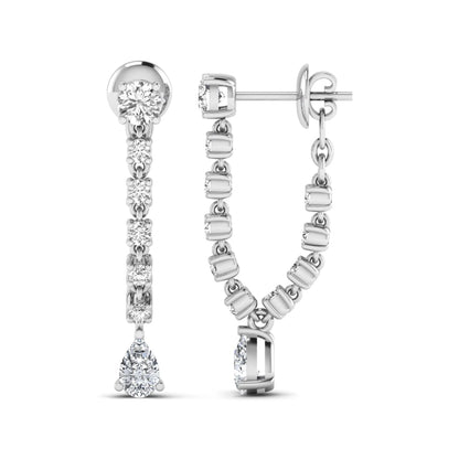 Round and pear cut prong set lab grown diamond drop earrings featuring a linear articulated design in a white gold finish with push back closure.