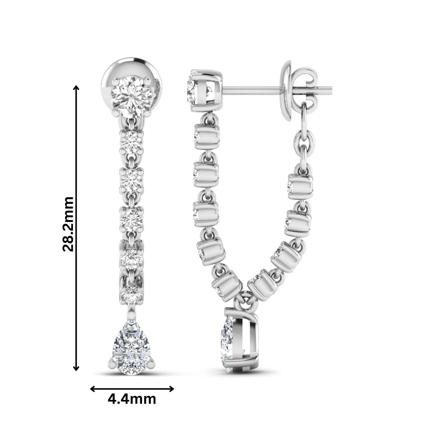 Round and pear cut prong set lab grown diamond drop earrings featuring a linear articulated design in a white gold finish with push back closure.