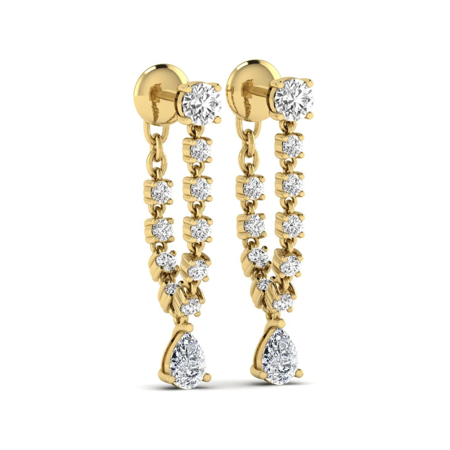Round and pear cut prong set lab grown diamond drop earrings featuring a linear articulated design in a yellow gold finish with push back closure.
