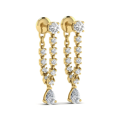 Round and pear cut prong set lab grown diamond drop earrings featuring a linear articulated design in a yellow gold finish with push back closure.