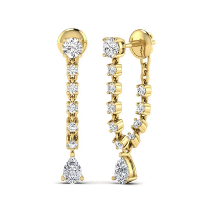 Round and pear cut prong set lab grown diamond drop earrings featuring a linear articulated design in a yellow gold finish with push back closure.