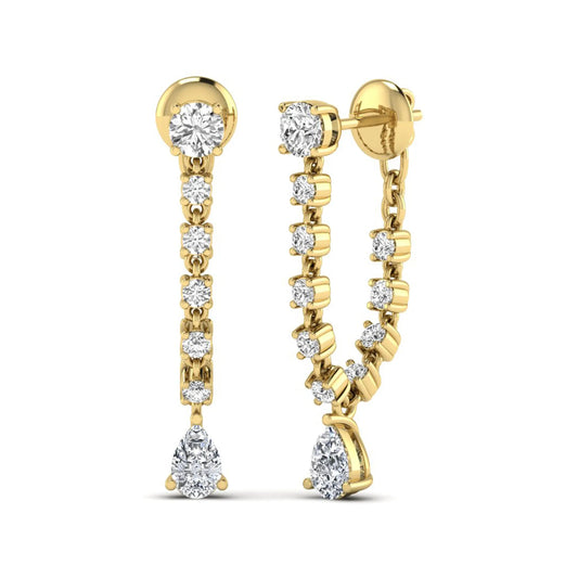 Round and pear cut prong set lab grown diamond drop earrings featuring a linear articulated design in a yellow gold finish with push back closure.