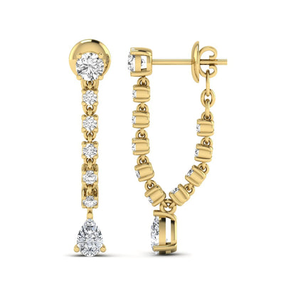 Round and pear cut prong set lab grown diamond drop earrings featuring a linear articulated design in a yellow gold finish with push back closure.
