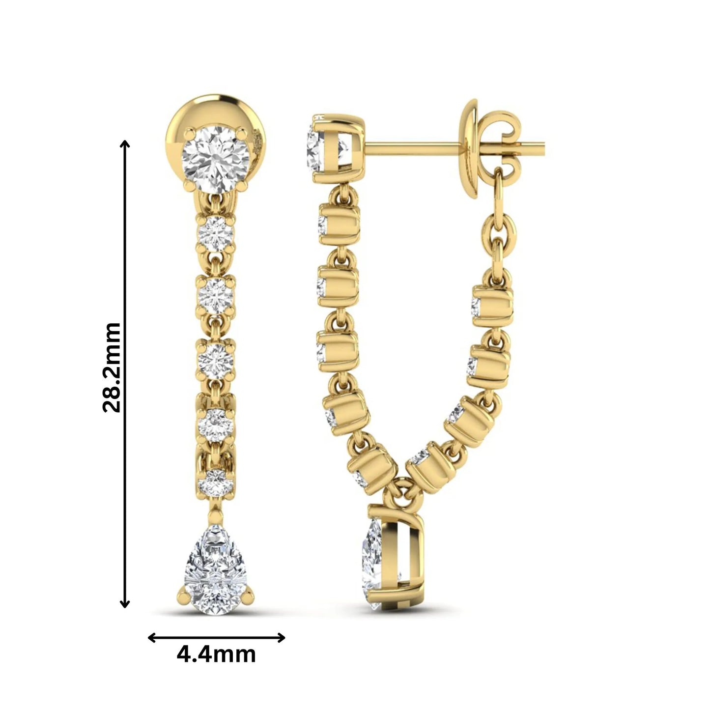 Round and pear cut prong set lab grown diamond drop earrings featuring a linear articulated design in a yellow gold finish with push back closure.
