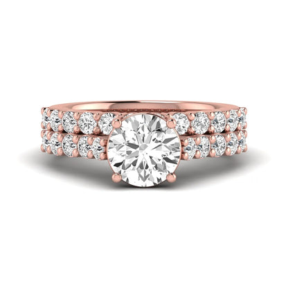 Round prong set lab grown diamond bridal ring set featuring a 2.00 carat round center diamond with matching round diamond bands in rose gold finish.
