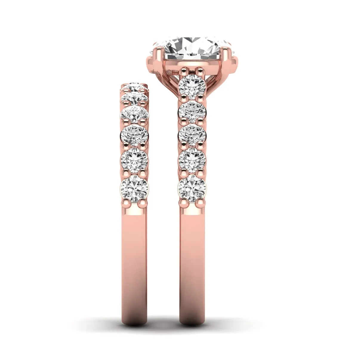 Round prong set lab grown diamond bridal ring set featuring a 2.00 carat round center diamond with matching round diamond bands in rose gold finish.