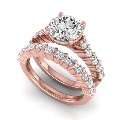 Round prong set lab grown diamond bridal ring set featuring a 2.00 carat round center diamond with matching round diamond bands in rose gold finish.