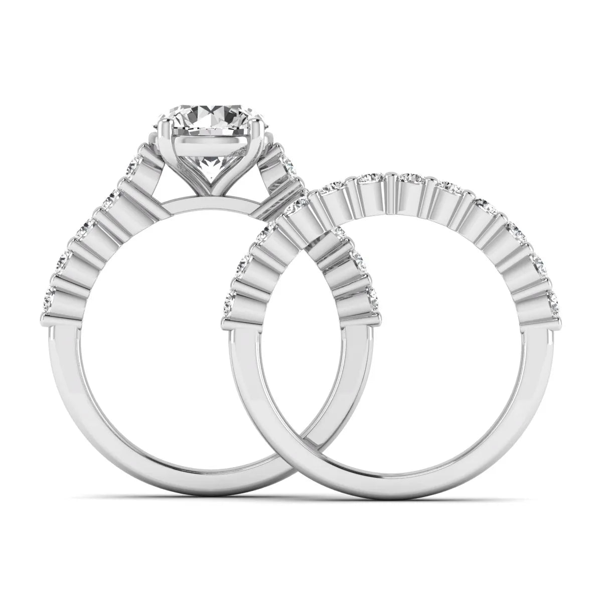 Round prong set lab grown diamond bridal ring set featuring a 2.00 carat round center diamond with matching round diamond bands in white gold finish.