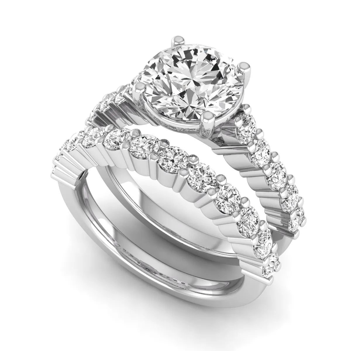 Round prong set lab grown diamond bridal ring set featuring a 2.00 carat round center diamond with matching round diamond bands in white gold finish.