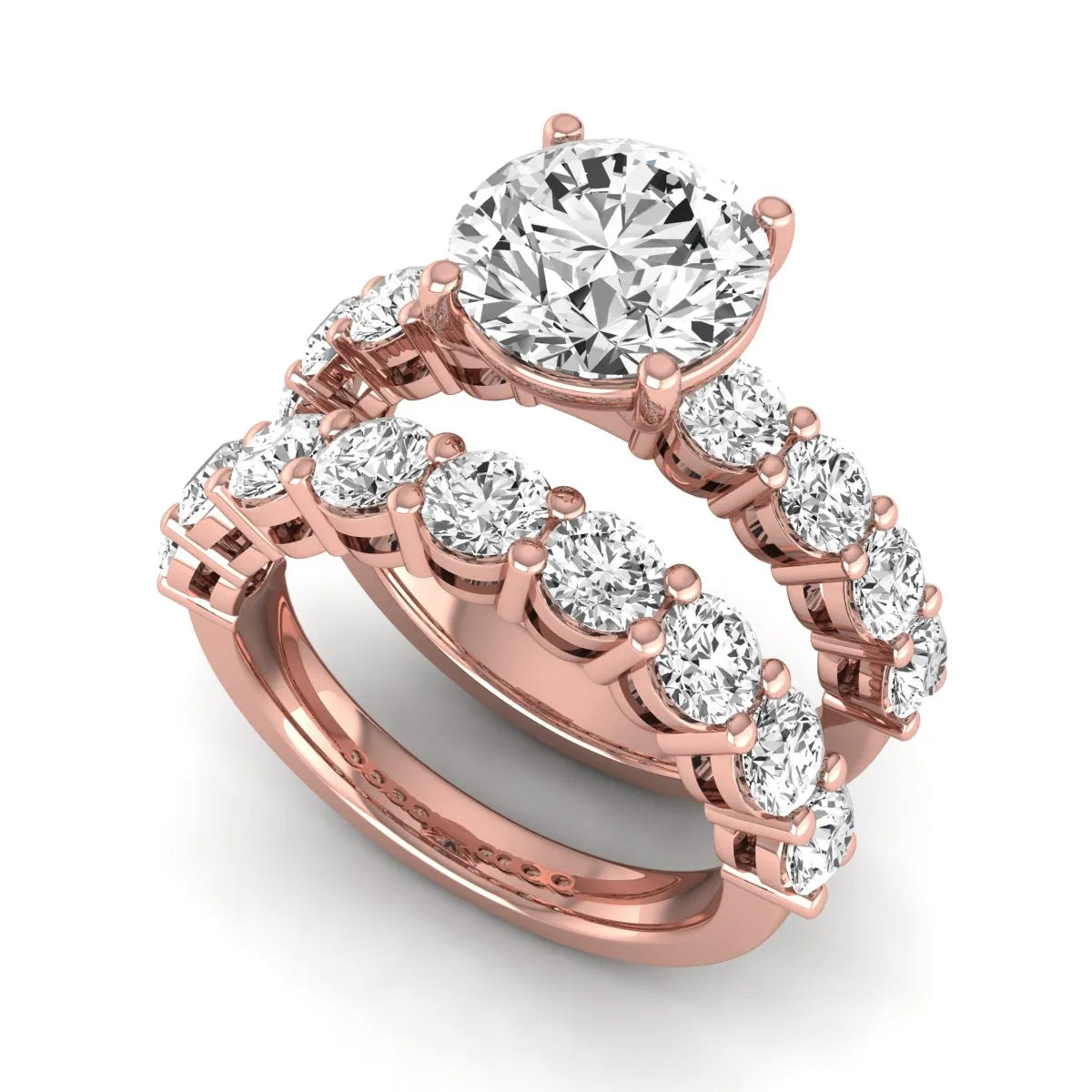 Round prong set lab grown diamond bridal ring set featuring a 2.50 carat round center diamond with double-row round accent diamonds in rose gold finish.