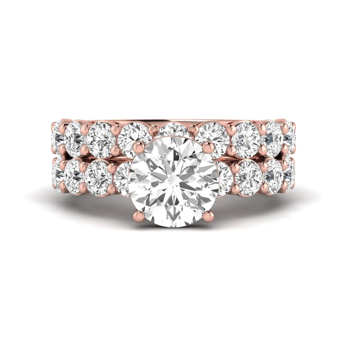 Round prong set lab grown diamond bridal ring set featuring a 2.50 carat round center diamond with double-row round accent diamonds in rose gold finish.