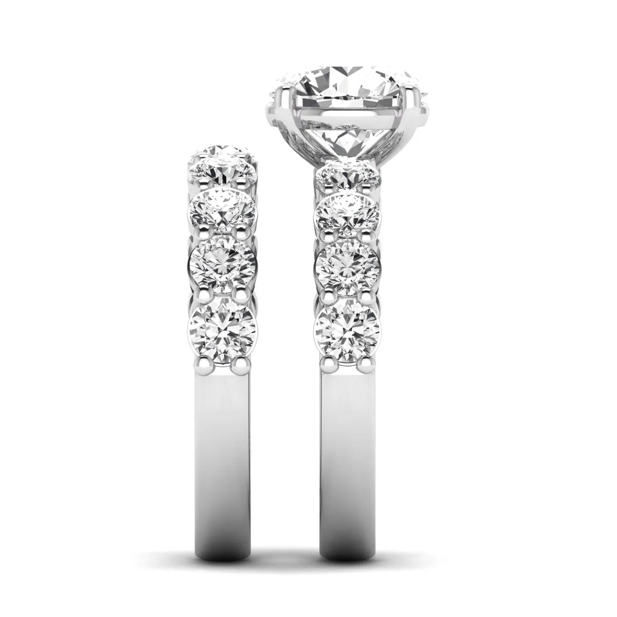 Round prong set lab grown diamond bridal ring set featuring a 2.50 carat round center diamond with double-row round accent diamonds in white gold finish.