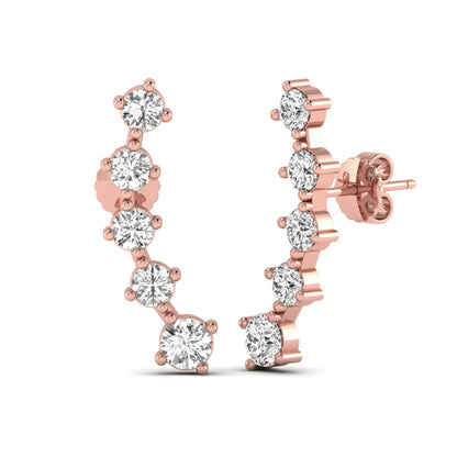 Round cut prong set lab grown diamond climber earrings with graduated diamond design in rose gold tone featuring push back closure.
