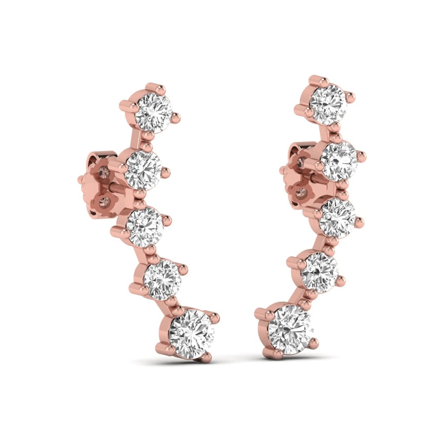 Round cut prong set lab grown diamond climber earrings with graduated diamond design in rose gold tone featuring push back closure.