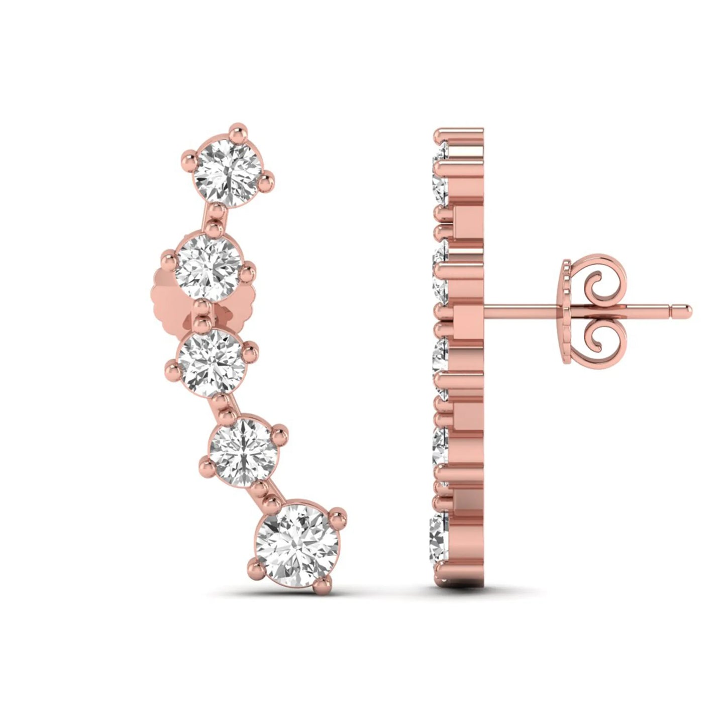 Round cut prong set lab grown diamond climber earrings with graduated diamond design in rose gold tone featuring push back closure.