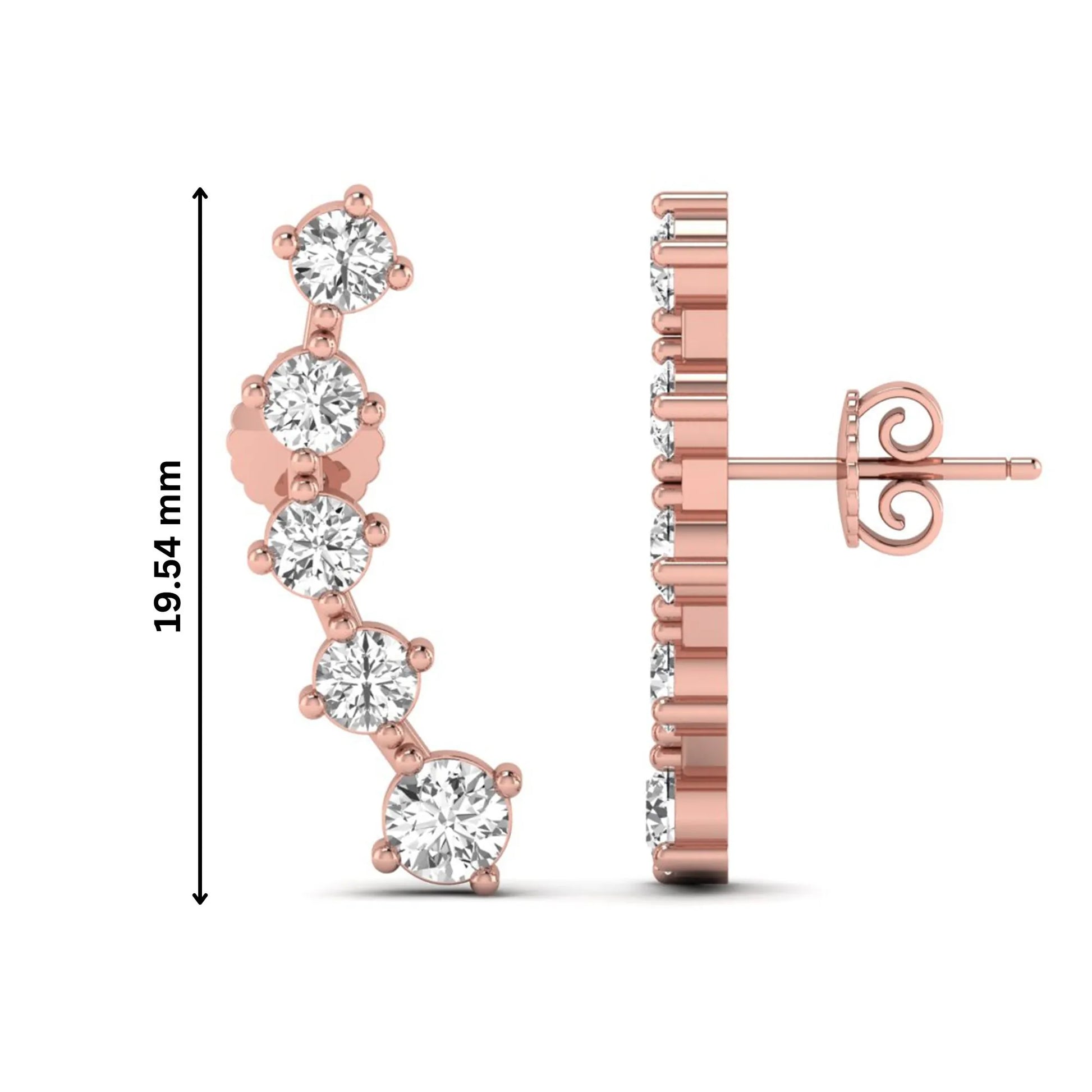 Round cut prong set lab grown diamond climber earrings with graduated diamond design in rose gold tone featuring push back closure.