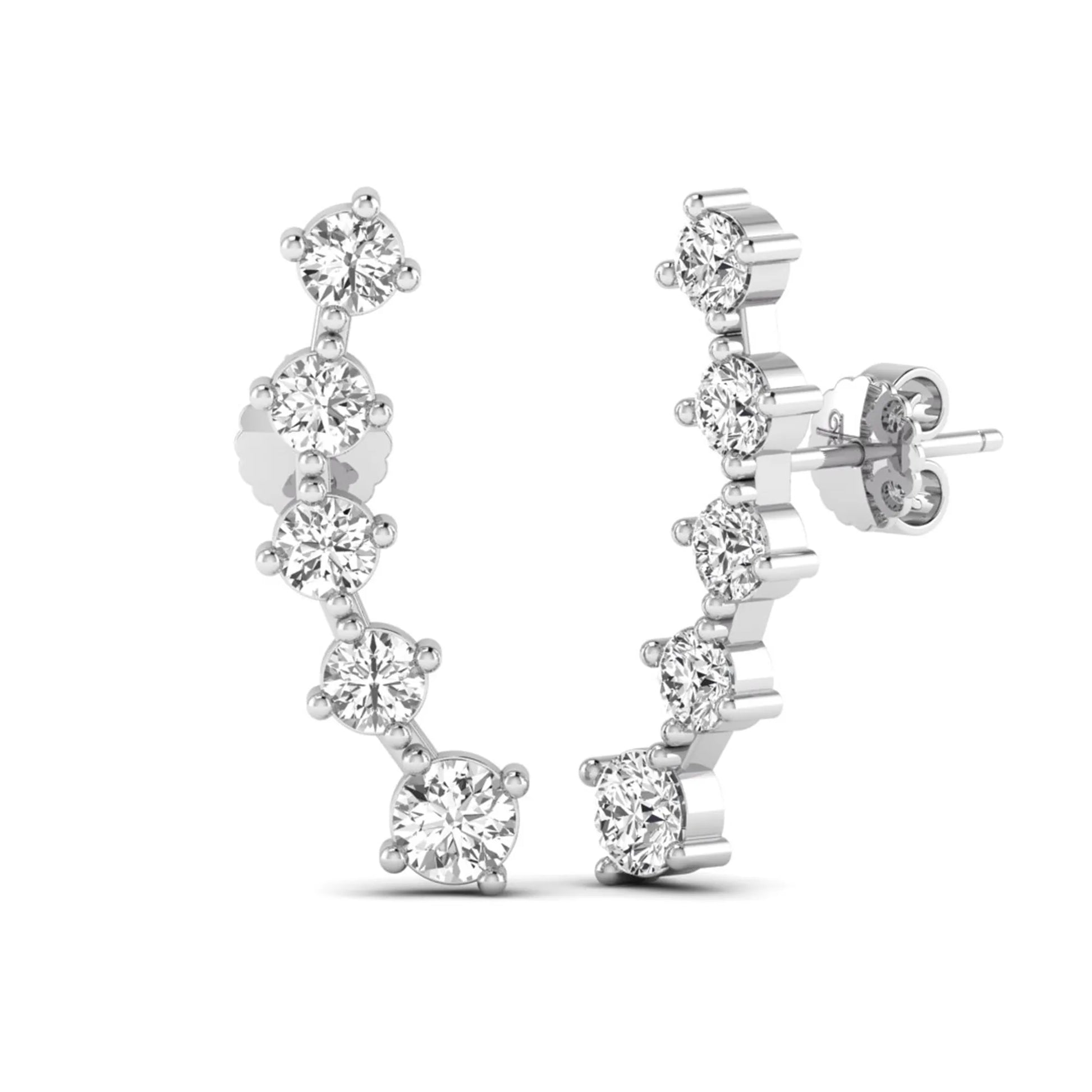 Round cut prong set lab grown diamond climber earrings with graduated diamond design in white gold tone featuring push back closure.