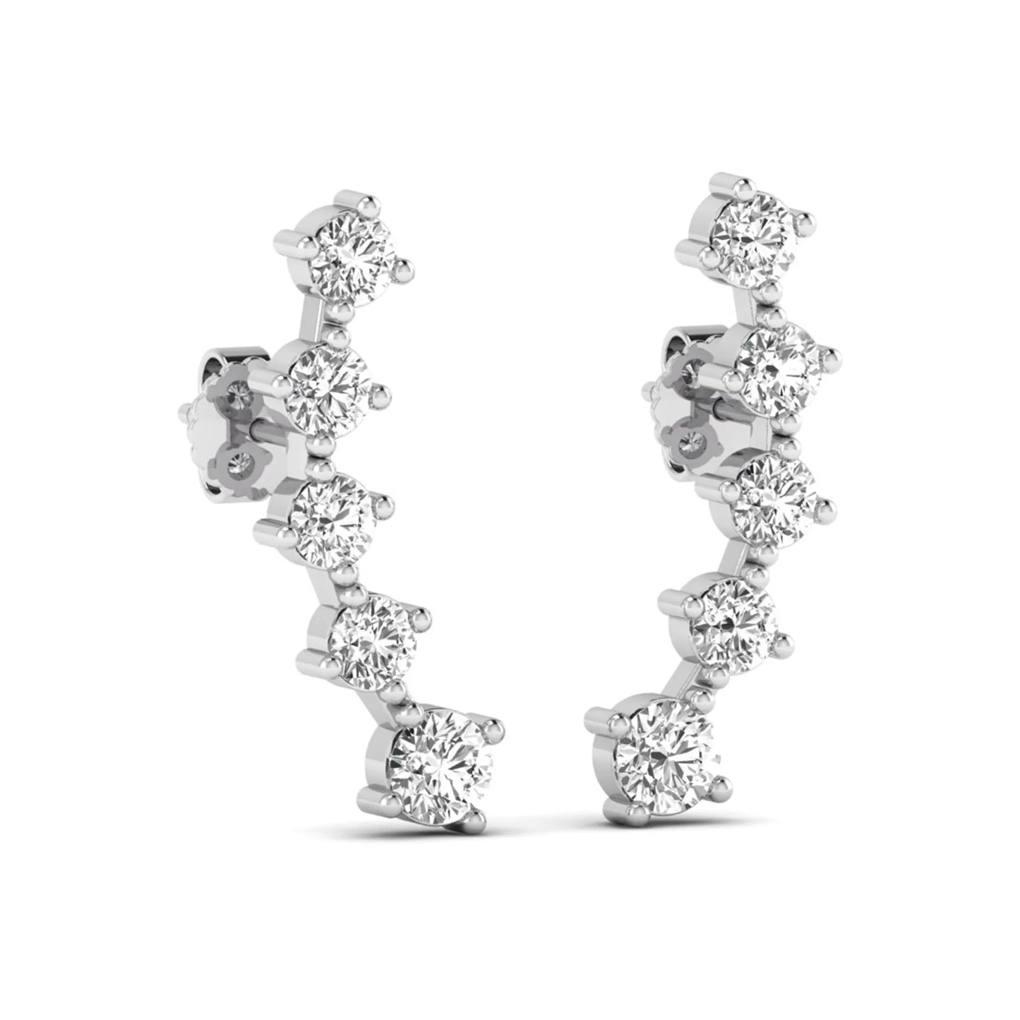 Round cut prong set lab grown diamond climber earrings with graduated diamond design in white gold tone featuring push back closure.