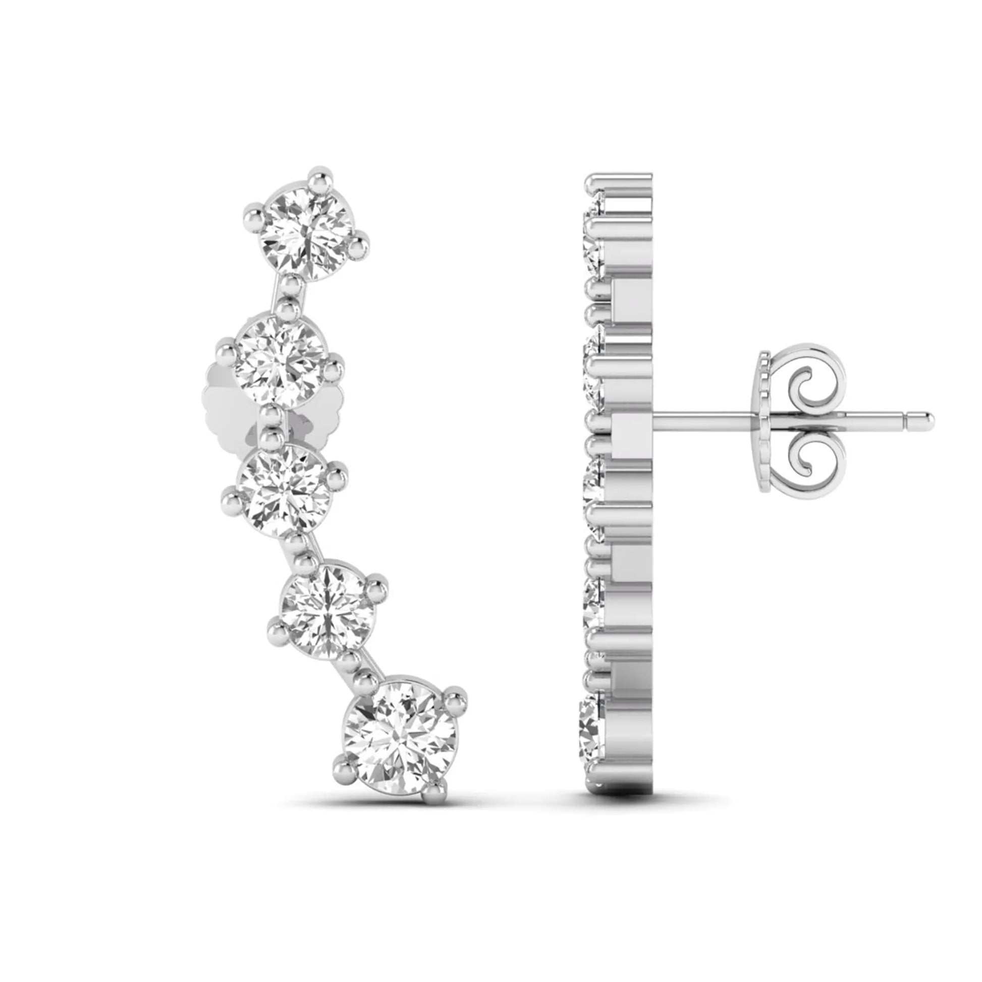 Round cut prong set lab grown diamond climber earrings with graduated diamond design in white gold tone featuring push back closure.