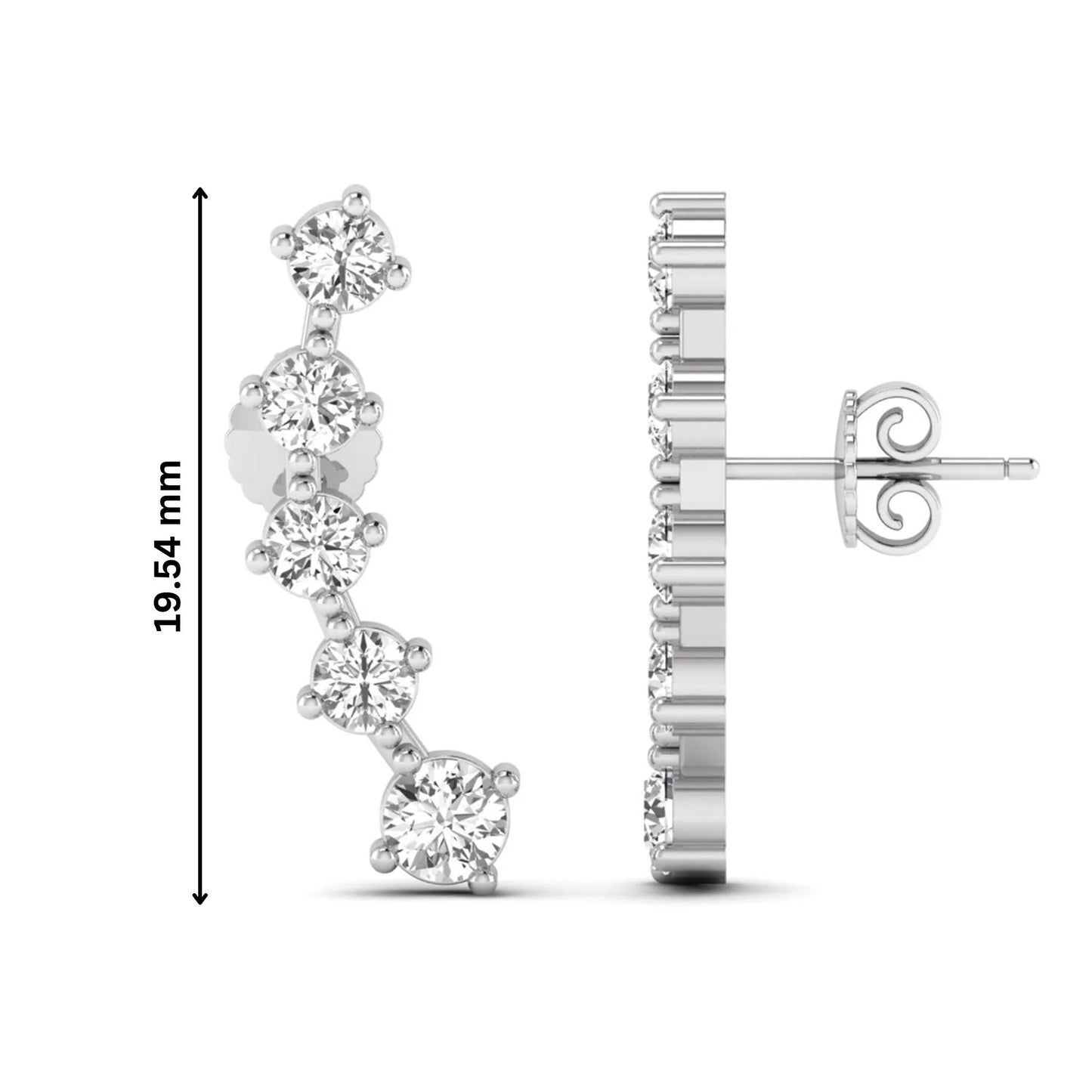 Round cut prong set lab grown diamond climber earrings with graduated diamond design in white gold tone featuring push back closure.