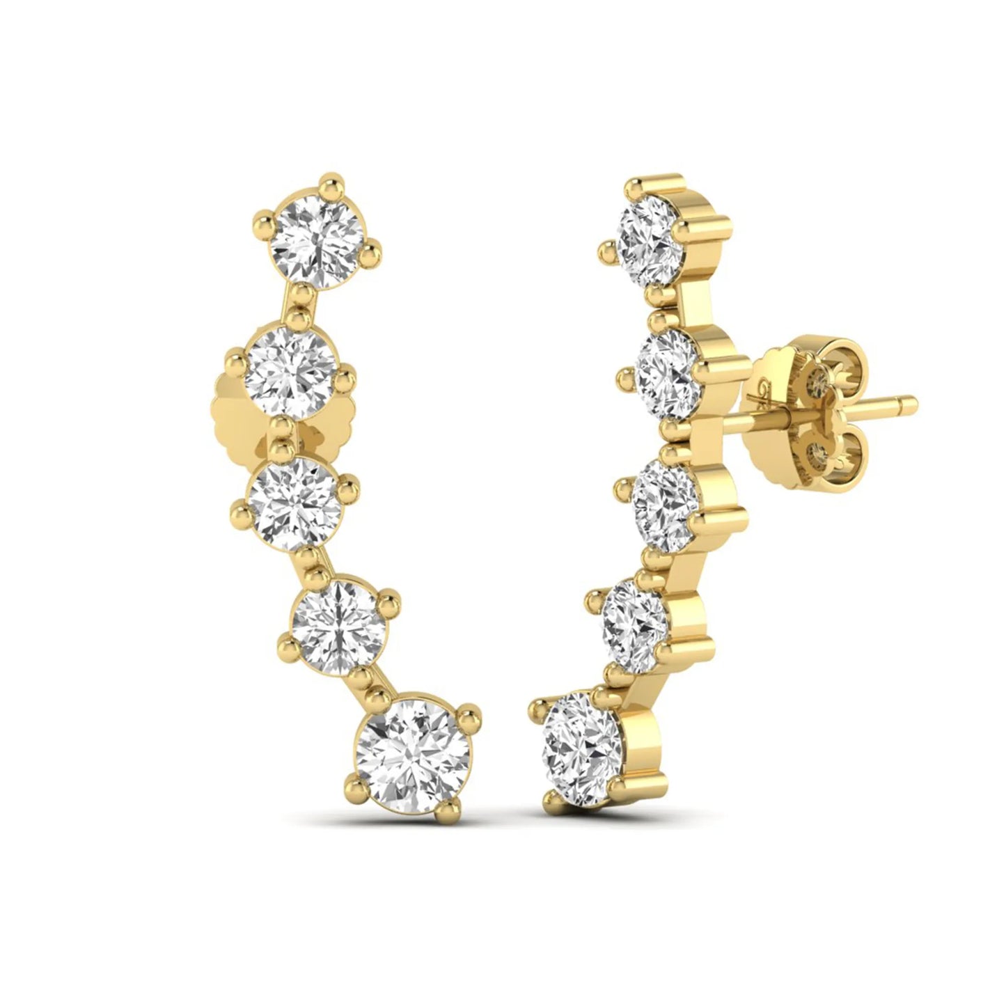Round cut prong set lab grown diamond climber earrings with graduated diamond design in yellow gold tone featuring push back closure.
