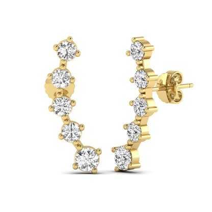 Round cut prong set lab grown diamond climber earrings with graduated diamond design in yellow gold tone featuring push back closure.