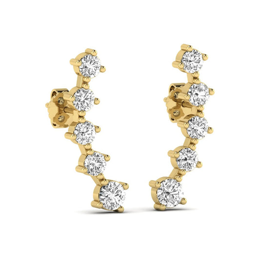 Round cut prong set lab grown diamond climber earrings with graduated diamond design in yellow gold tone featuring push back closure.