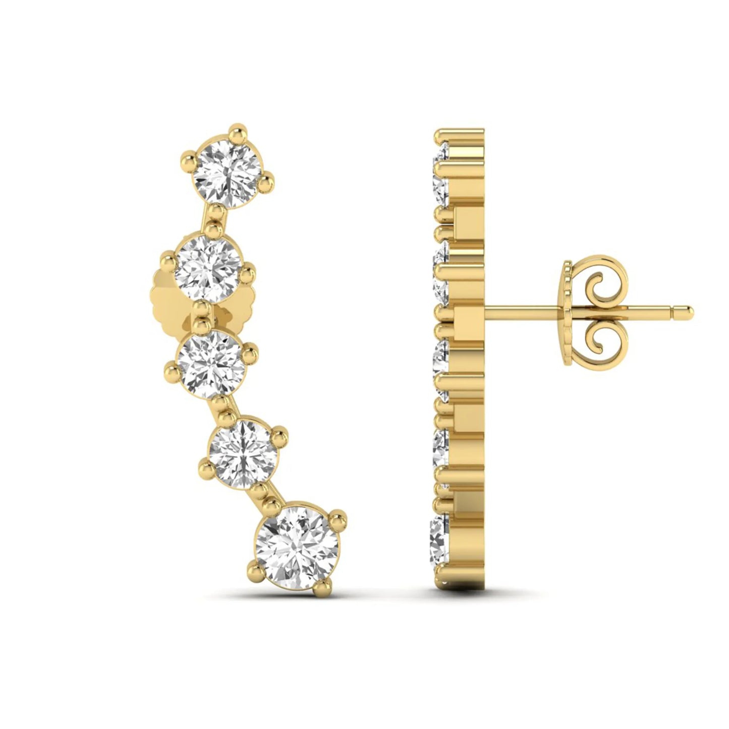 Round cut prong set lab grown diamond climber earrings with graduated diamond design in yellow gold tone featuring push back closure.