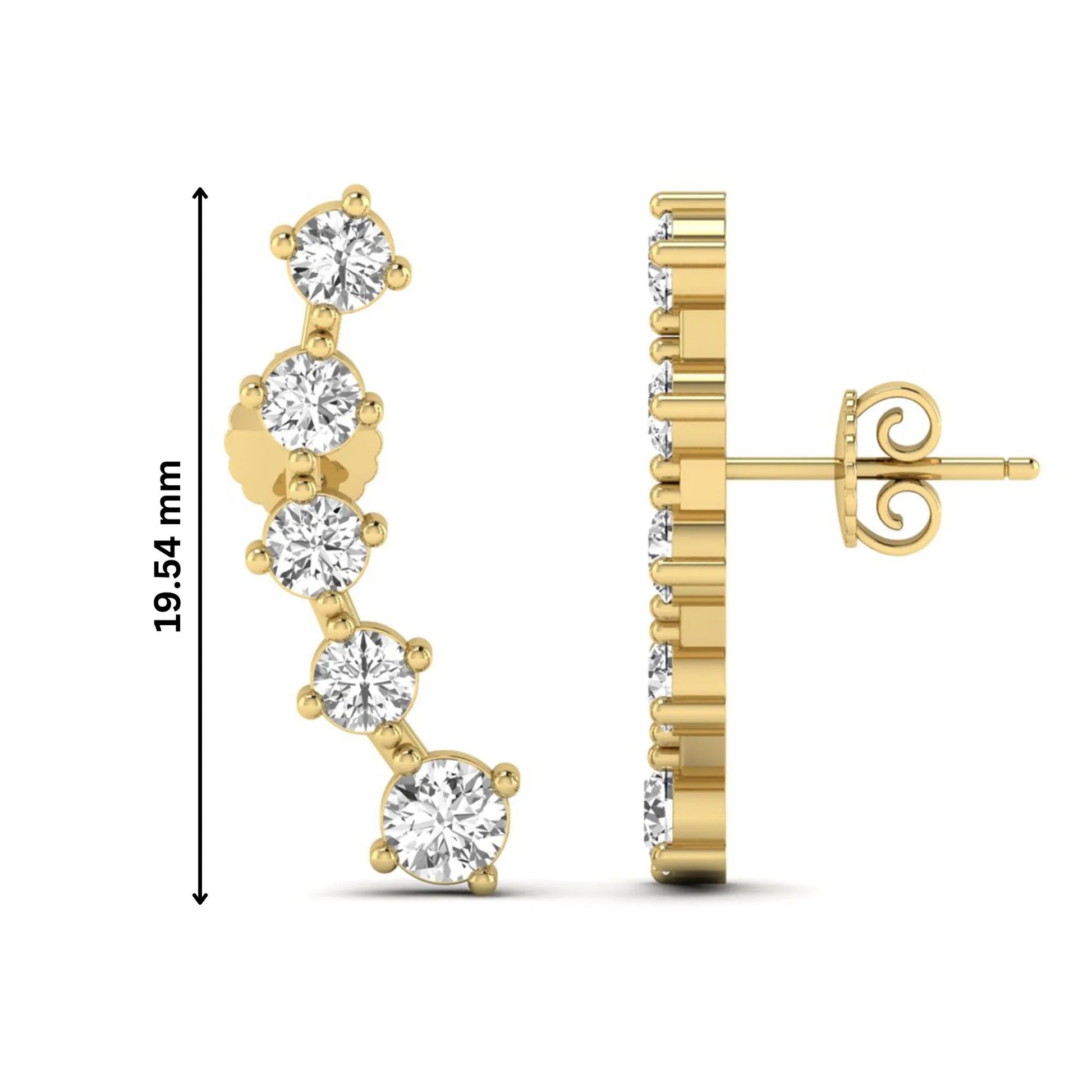 Round cut prong set lab grown diamond climber earrings with graduated diamond design in yellow gold tone featuring push back closure.