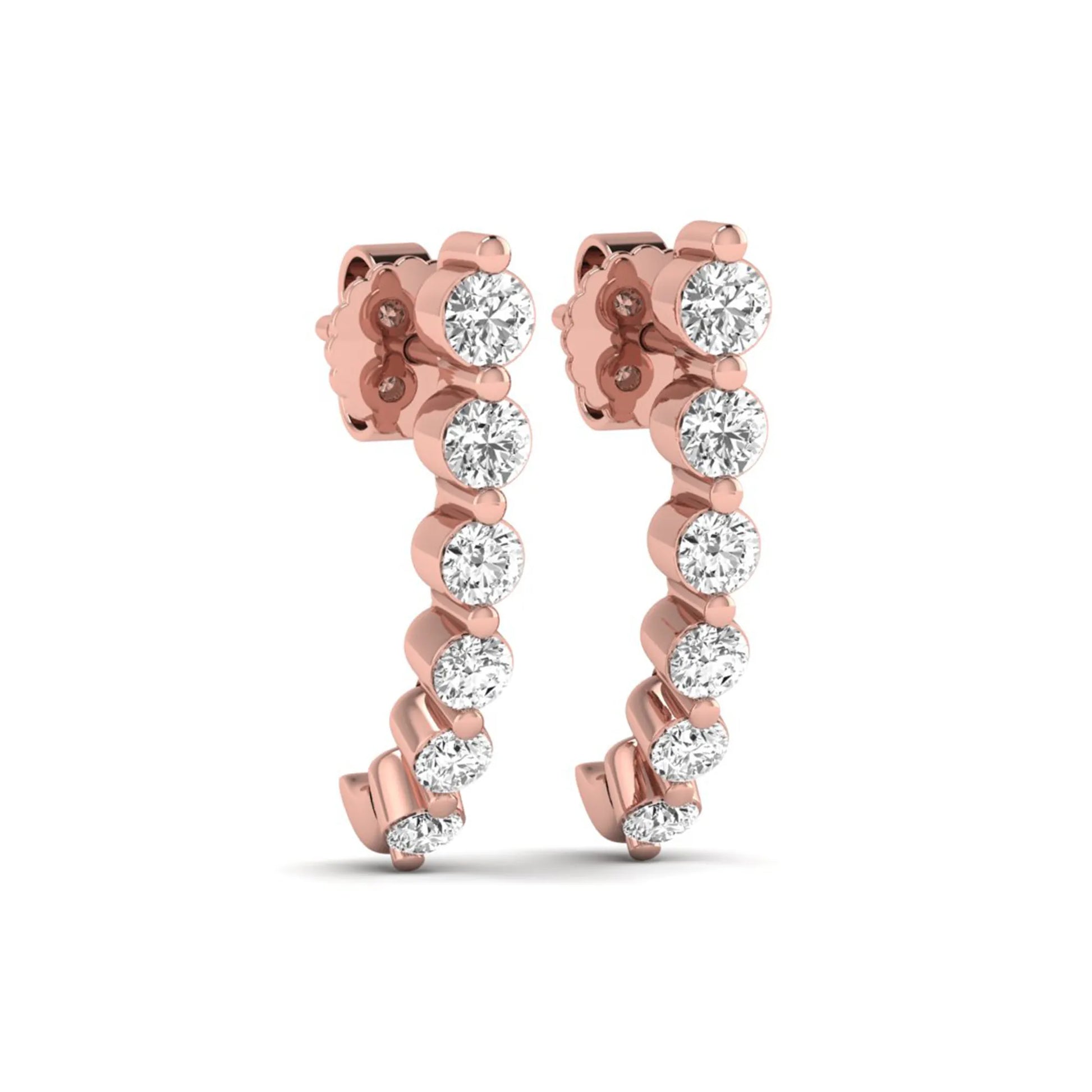 Round cut prong set lab grown diamond climber earrings featuring a curved graduated diamond design with push back closure in rose gold tone.