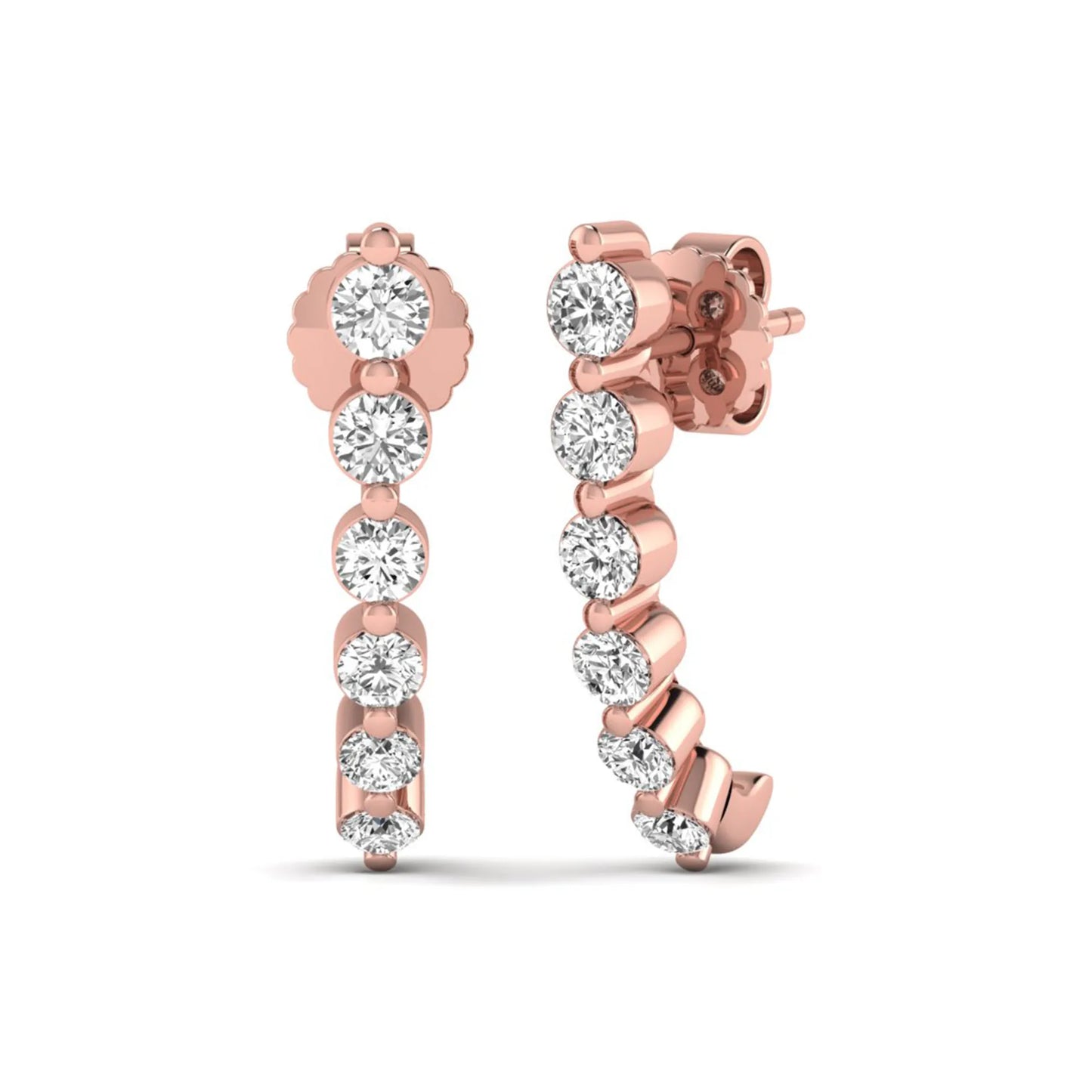 Round cut prong set lab grown diamond climber earrings featuring a curved graduated diamond design with push back closure in rose gold tone.