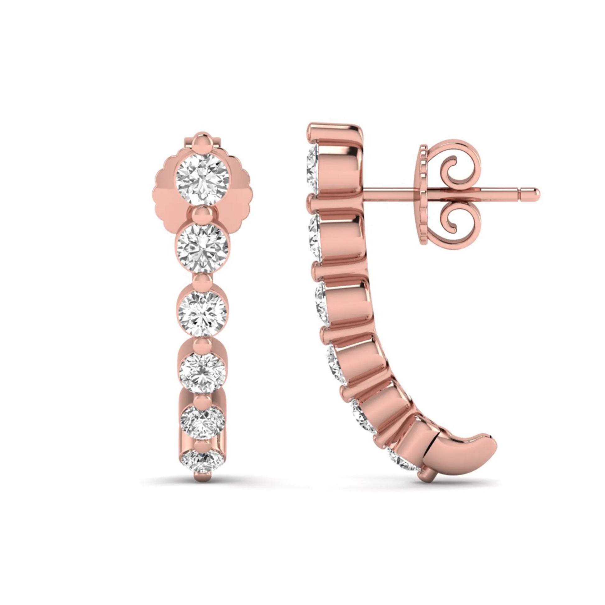 Round cut prong set lab grown diamond climber earrings featuring a curved graduated diamond design with push back closure in rose gold tone.