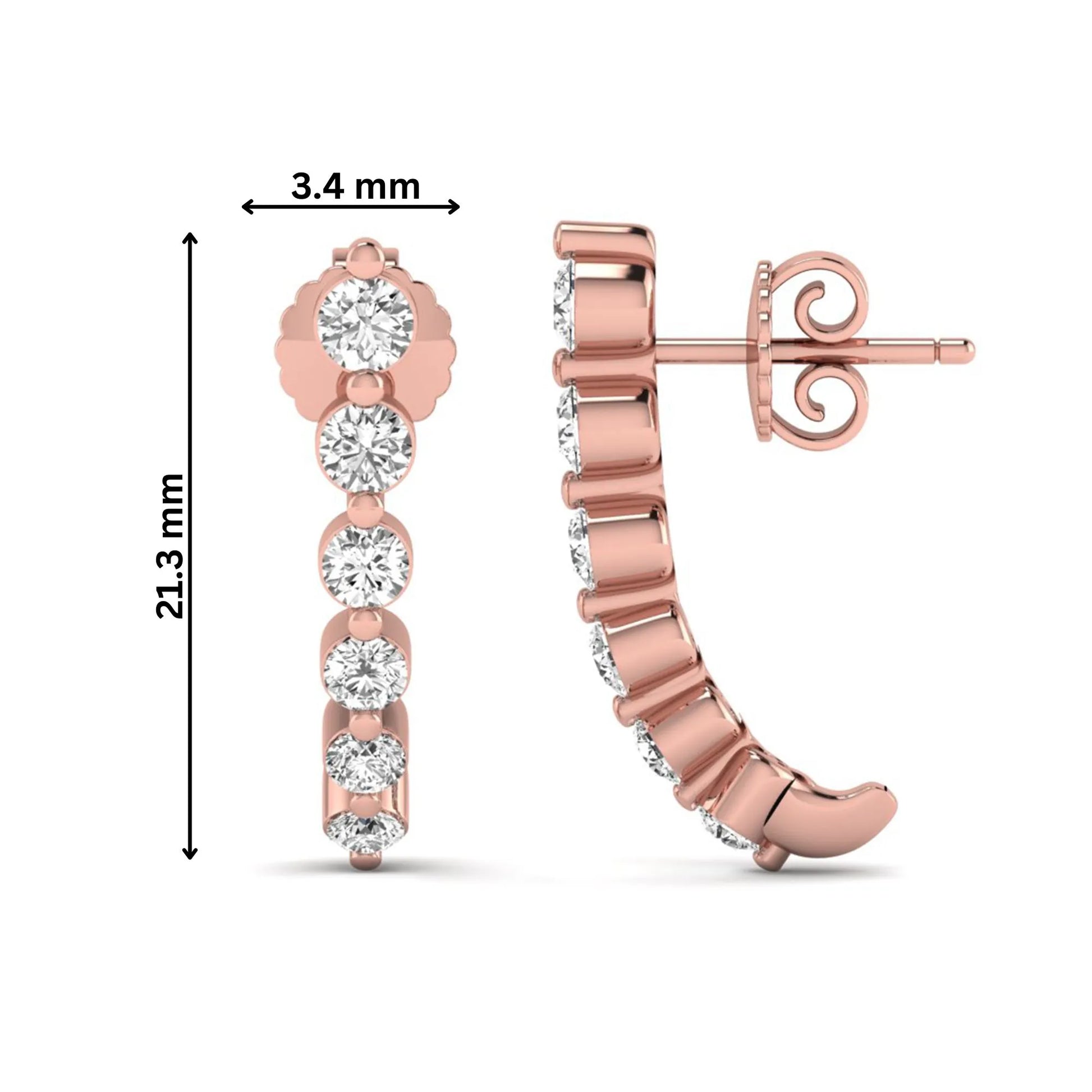 Round cut prong set lab grown diamond climber earrings featuring a curved graduated diamond design with push back closure in rose gold tone.
