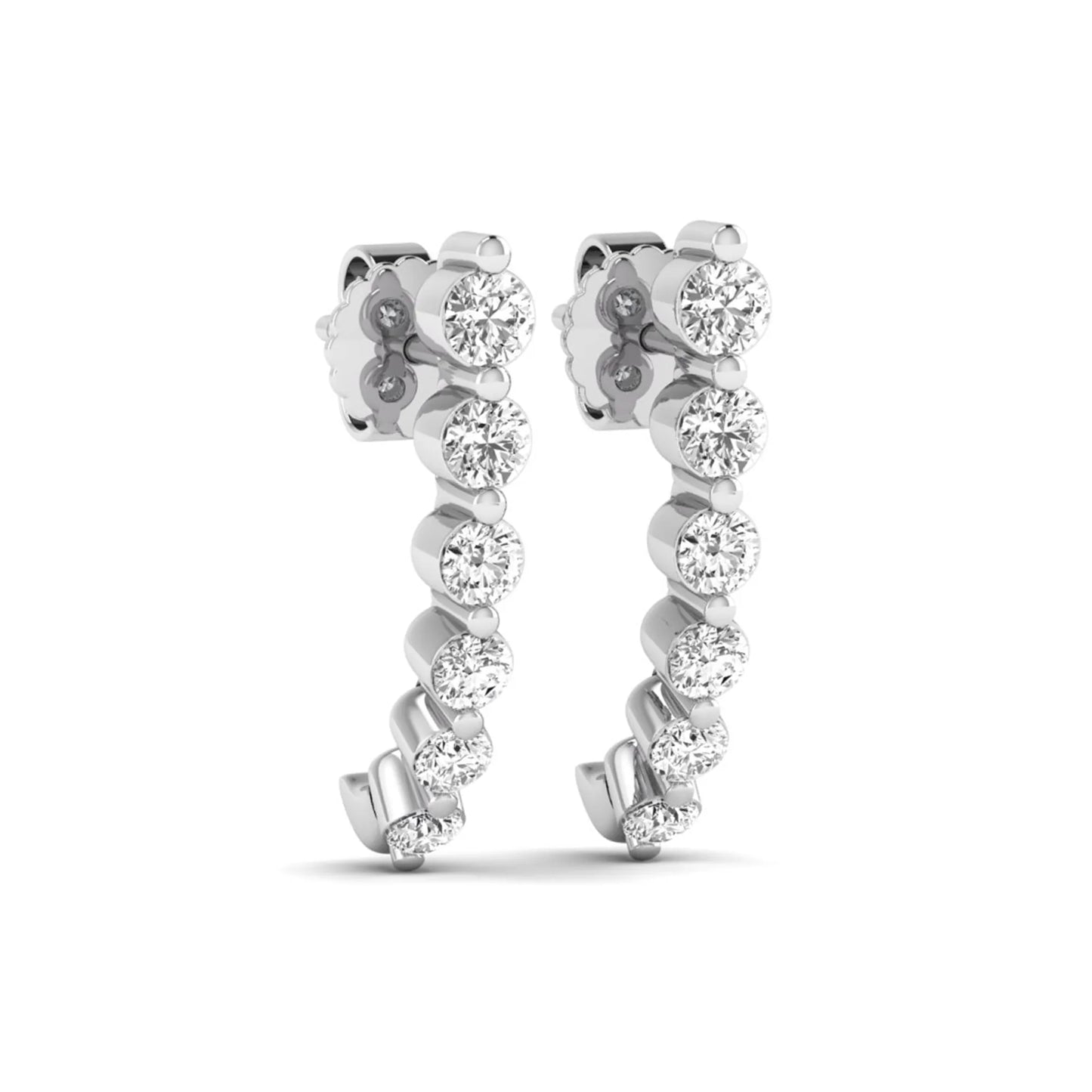 Round cut prong set lab grown diamond climber earrings featuring a curved graduated diamond design with push back closure in white gold tone.