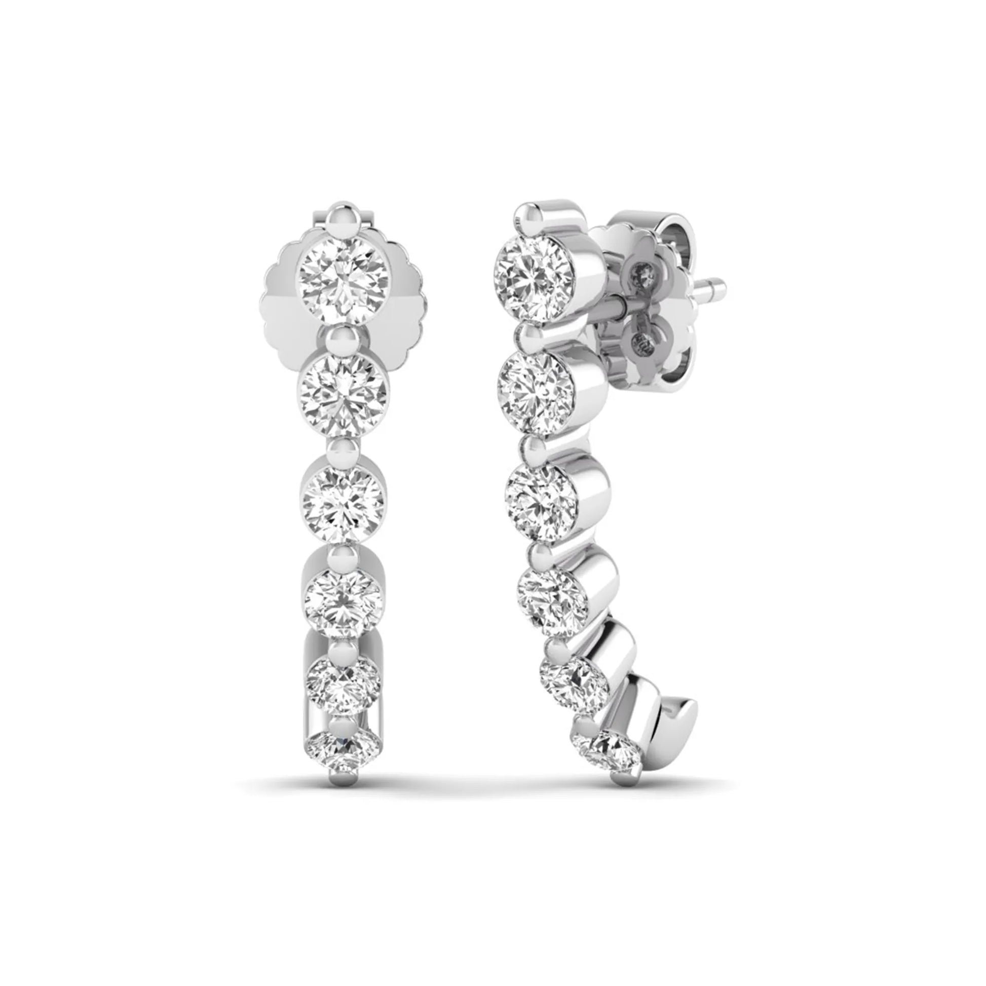 Round cut prong set lab grown diamond climber earrings featuring a curved graduated diamond design with push back closure in white gold tone.
