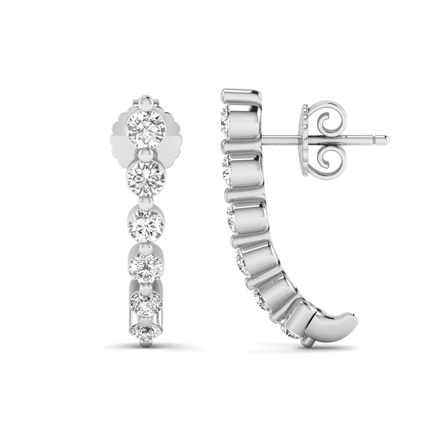 Round cut prong set lab grown diamond climber earrings featuring a curved graduated diamond design with push back closure in white gold tone.