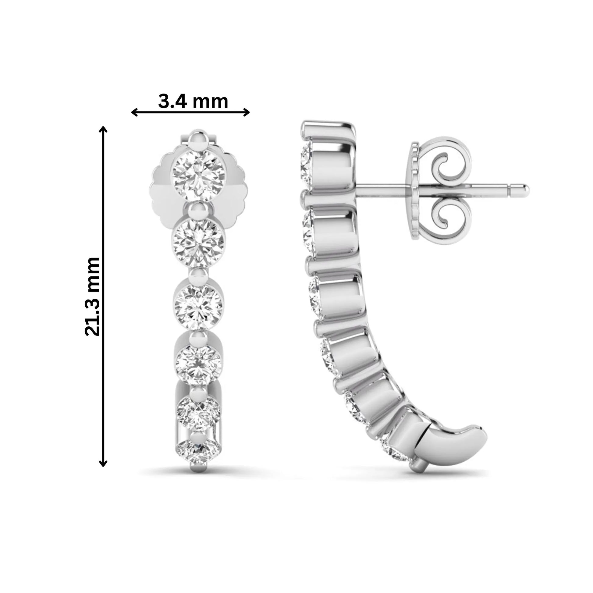 Round cut prong set lab grown diamond climber earrings featuring a curved graduated diamond design with push back closure in white gold tone.