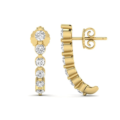 Round cut prong set lab grown diamond climber earrings featuring a curved graduated diamond design with push back closure in yellow gold tone.
