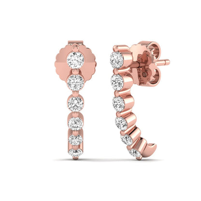 Round prong set lab grown diamond curved climber stud earrings featuring round cut diamonds in a rose gold finish with push back closure.